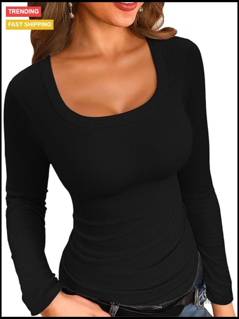 Women's Ribbed Knit Slim Fit Square Neck Short Sleeve Tee
